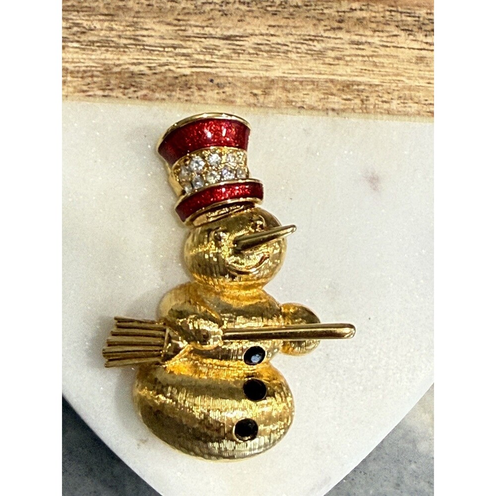 Vintage Gold Tone Snowman Brooch Red Glitter Enamel Rhinestone Top Hat Pin Xmas